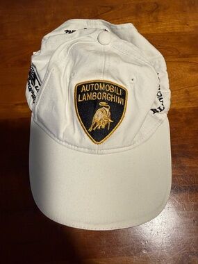 Lamborghini White Baseball Cap with Black & Gold Shield Patch